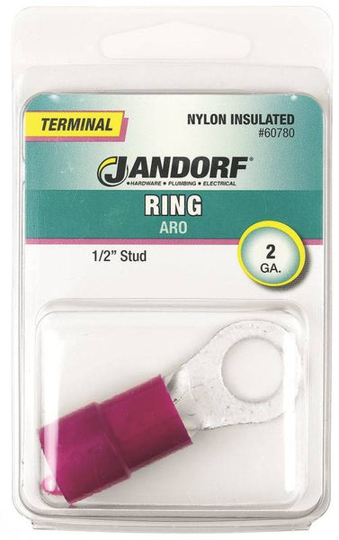 Jandorf 60780 Ring Terminal, 2 AWG Wire, 1/2 in Stud, Nylon Insulation, Copper Contact, Red