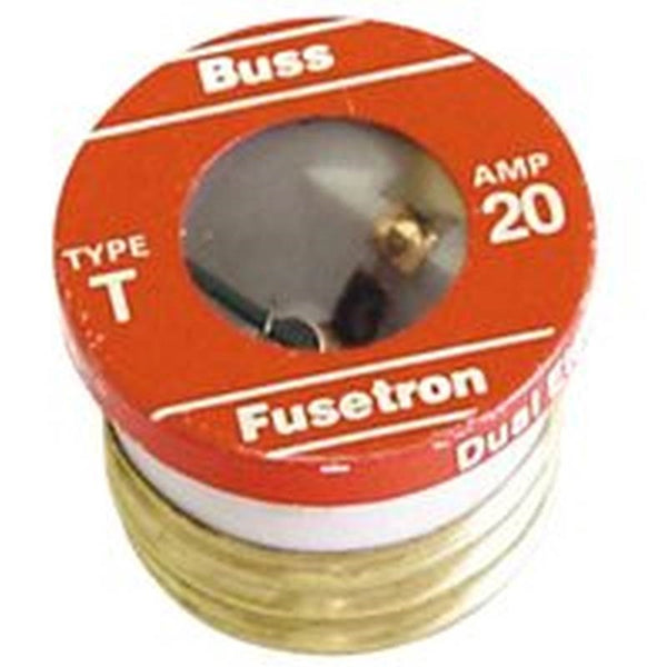 Bussmann T-20 Plug Fuse, 20 A, 125 V, 10 kA Interrupt, Plastic Body, Low Voltage, Time Delay Fuse