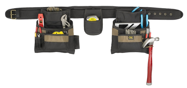 CLC Tool Works Series 1604 Tool Belt, 29 to 46 in Waist, Polyester, Black/Khaki, 16-Pocket