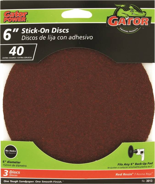 Gator 3013 Sanding Disc, 6 in Dia, 40 Grit, Extra Coarse, Aluminum Oxide Abrasive
