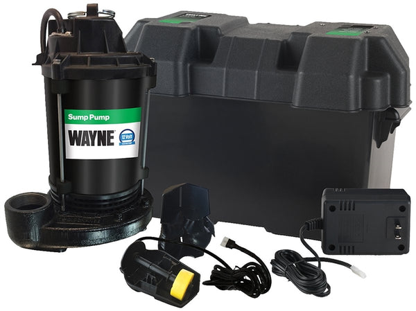 WAYNE ESP25N Battery Backup Sump Pump with Automatic Switch, 12 VDC, 1-1/2 in Outlet, 15 ft Max Lift Head, 48 gpm