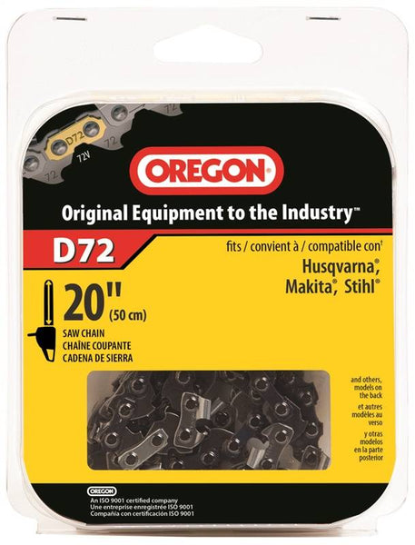 Oregon D72 Chainsaw Chain, 20 in L Bar, 0.05 Gauge, 3/8 in TPI/Pitch, 72-Link