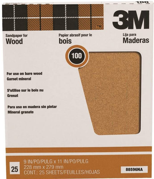 3M 88596 Sandpaper Sheet, 11 in L, 9 in W, Medium, 100 Grit, Garnet Abrasive, Paper Backing
