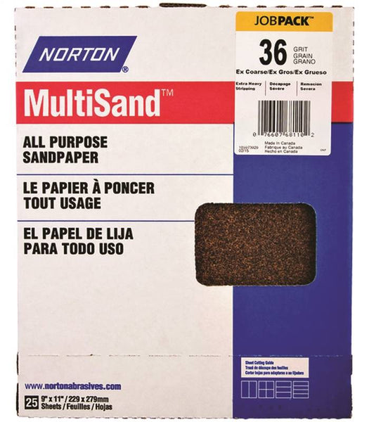NORTON MultiSand 07660768110 Sanding Sheet, 11 in L, 9 in W, Extra Coarse, 36 Grit, Aluminum Oxide Abrasive