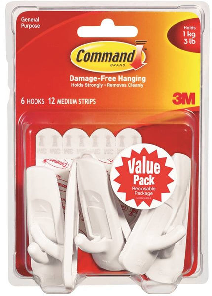 Command 17001-VP-6PK Utility Hook, 7/8 in Opening, 3 lb, 6-Hook, Plastic, White