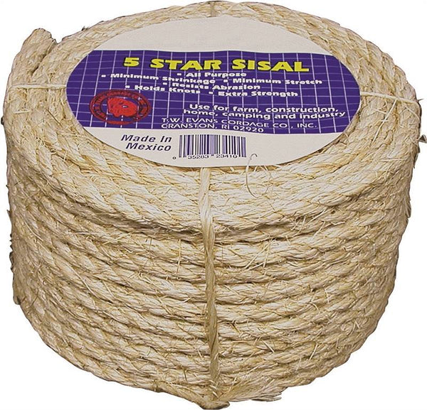 T.W. Evans Cordage 23-210 Rope, 1/4 in Dia, 100 ft L, 900 lb Working Load, Sisal
