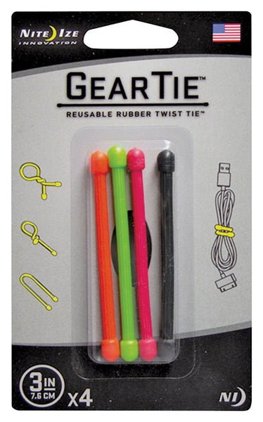 Gear Tie GT3-4PK-A1 Twist Tie, Rubber, Assorted