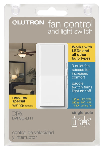 Lutron DVFSQ-LFH-WH Fan and Light Control Switch, 1.5 A, 120 VAC, 120 W, LED Lamp, White