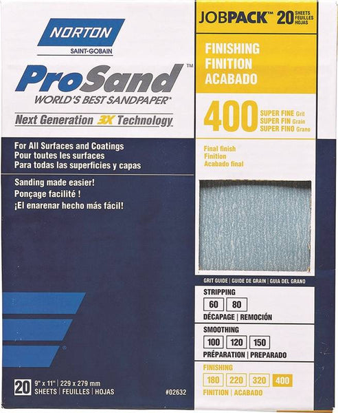 NORTON ProSand 07660768165 Sanding Sheet, 11 in L, 9 in W, Super Fine, 400 Grit, Aluminum Oxide Abrasive