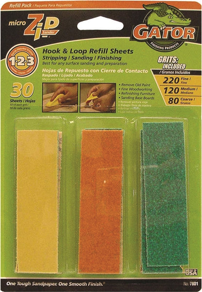 Gator MicroZip 7801 Refill Sheet, 3-1/2 in L, 1 in W, Extra Fine, Fine, Medium, 80 Grit, Aluminum Oxide Abrasive