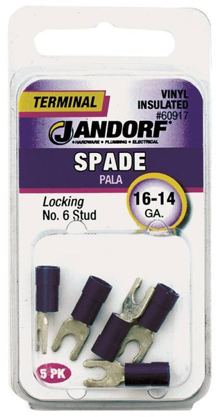 Jandorf 60917 Spade Terminal, 600 V, 16 to 14 AWG Wire, #6 Stud, Vinyl Insulation, Copper Contact, Blue