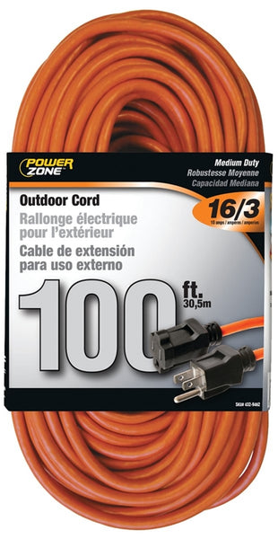 PowerZone Extension Cord, 16 AWG Cable, 5-15P Grounded Plug, 5-15R Grounded Receptacle, 100 ft L, 10 A, 125 V