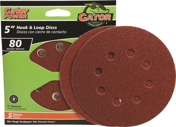 Gator 3784 Sanding Disc, 5 in Dia, 80 Grit, Medium, Aluminum Oxide Abrasive, Vented