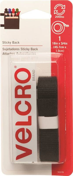 VELCRO Brand 90078 Fastener, 3/4 in W, 18 in L, Nylon, Black, Rubber Adhesive