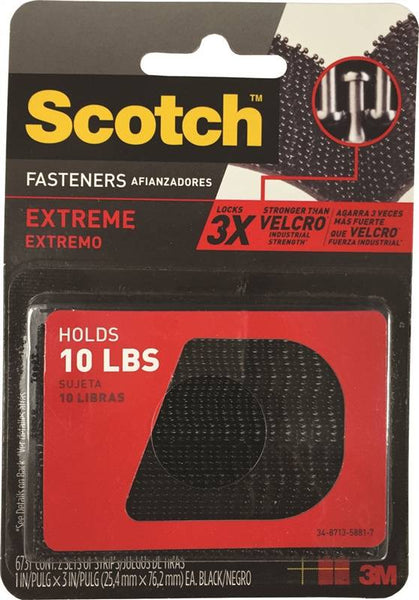 Scotch RF6731 Fastener, 1 in W, 3 in L, Black, 10 lb, Acrylic Adhesive