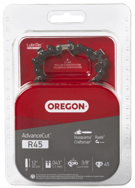 Oregon AdvanceCut R45 Chainsaw Chain, 12 in L Bar, 0.043 Gauge, 3/8 in TPI/Pitch, 45-Link