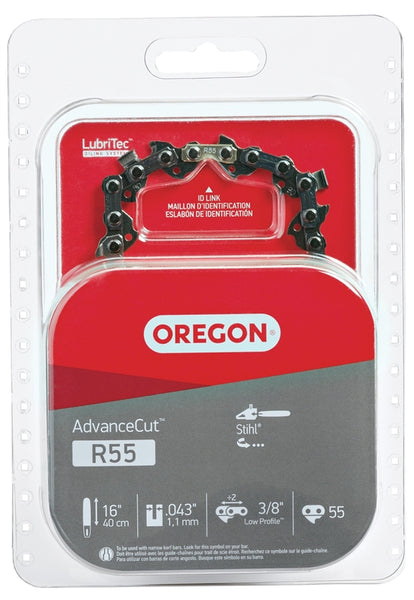 Oregon AdvanceCut R55 Chainsaw Chain, 16 in L Bar, 0.043 Gauge, 3/8 in TPI/Pitch, 55-Link