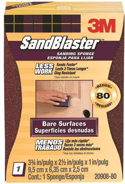 3M SandBlaster 20908-80 Sanding Sponge, 3-3/4 in L, 2-5/8 in W, 80 Grit, Medium, Aluminum Oxide Abrasive