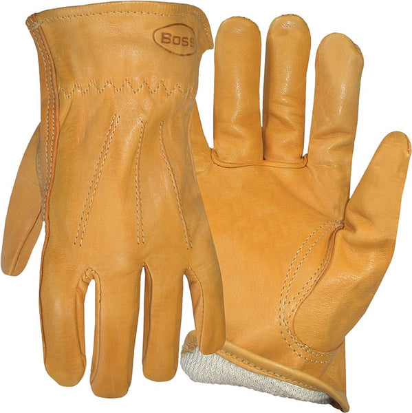 BOSS 6133J Driver Gloves, XL, Keystone Thumb, Open, Shirred Elastic Back Cuff, Cowhide Leather, Gold