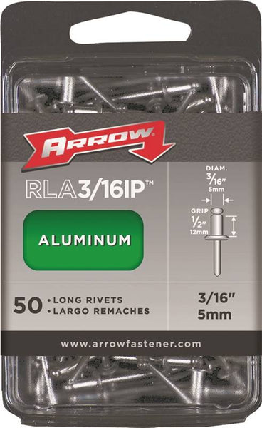 Arrow RLA3/16IP Pop Rivet, Long, 1/2 in L, Aluminum