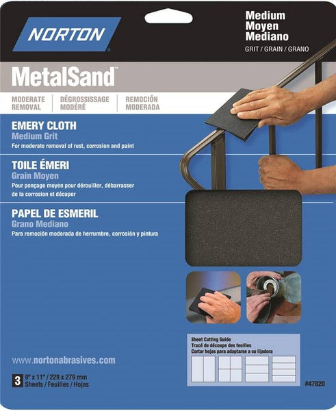 NORTON MetalSand 07660747820 Sanding Sheet, 11 in L, 9 in W, Medium, Emery Abrasive, Cloth Backing