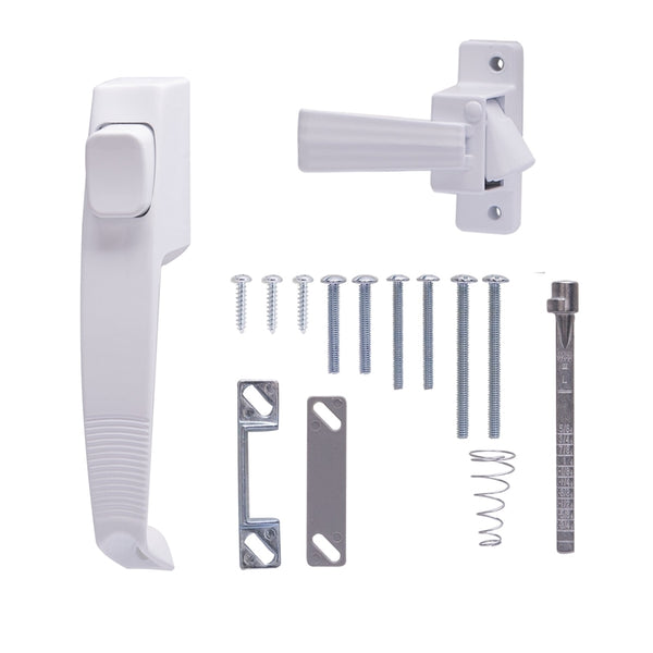 ProSource 47015-UW-PS Pushbutton Latch, Zinc, White, 5/8 to 1-1/2 in Thick Door, 5/8 in Backset, 5-7/8 in Lever/Knob