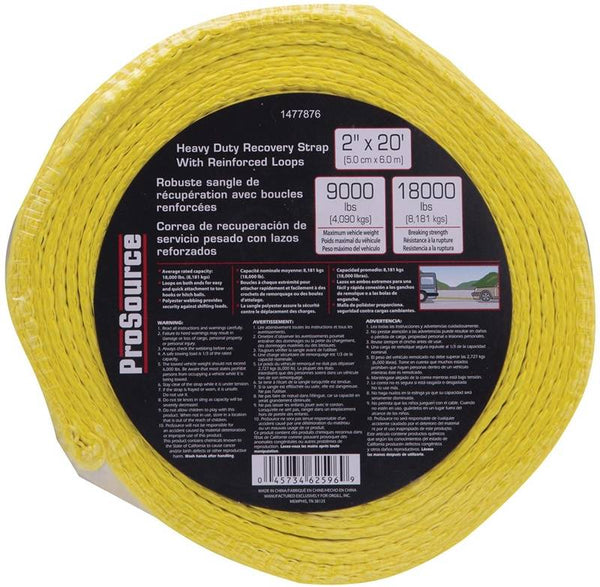 ProSource FH64062 Recovery Strap, 18,000 lb, 2 in W, 20 ft L, Polyester, Yellow