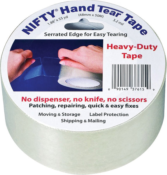 Nifty T3761RTL Hand Tear Tape, 55 yd L, 2 in W, Polypropylene Backing, Clear