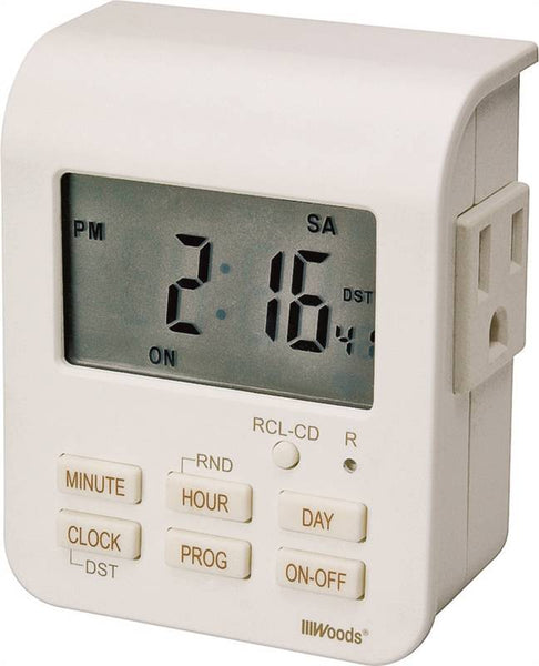 Woods 50009 Digital Timer, 15 A, 125 V, 1875 W, 3 -Outlet, 7 days Time Setting, 20 On/Off Cycles Per Day Cycle