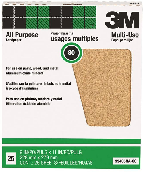 3M 99405 Sandpaper Sheet, 11 in L, 9 in W, Medium, 80 Grit, Aluminum Oxide Abrasive, Paper Backing