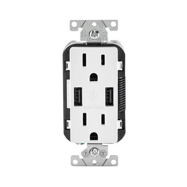 Leviton R02-T5632-0BW Combination USB Receptacle, 2 -Pole, 3.1 A USB, 15 A Receptacle, 125 VAC Receptacle, 5 VDC USB