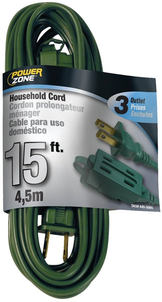 PowerZone Extension Cord, 16 AWG Cable, 15 ft L, 13 A, 125 V, Green