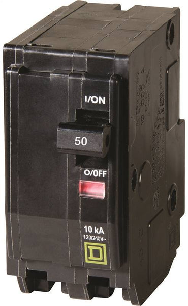 Square D QO QO250C Circuit Breaker, Mini, 50 A, 2 -Pole, 120/240 VAC, 48 VDC, Plug Mounting, Black
