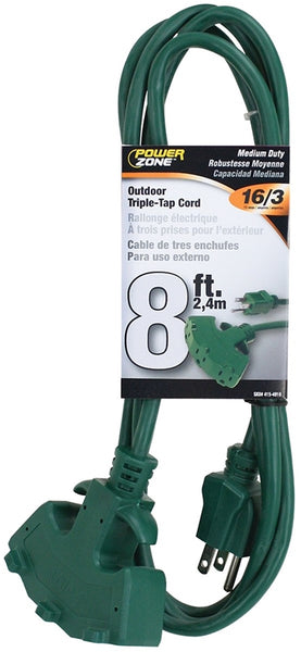 PowerZone ORY605608 Extension Cord, 16 AWG Cable, 8 ft L, 5-15P Grounded Plug, 3 -Socket, 13 A, 125 V, Green