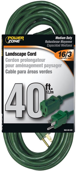 PowerZone Extension Cord, 16 AWG Cable, 40 ft L, 13 A, 125 V, Green