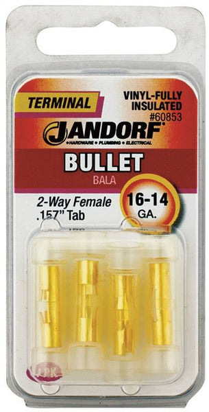 Jandorf 60853 Bullet Adapter, 600 V, 16 to 14 AWG Wire, Vinyl Insulation, Copper Contact, Yellow