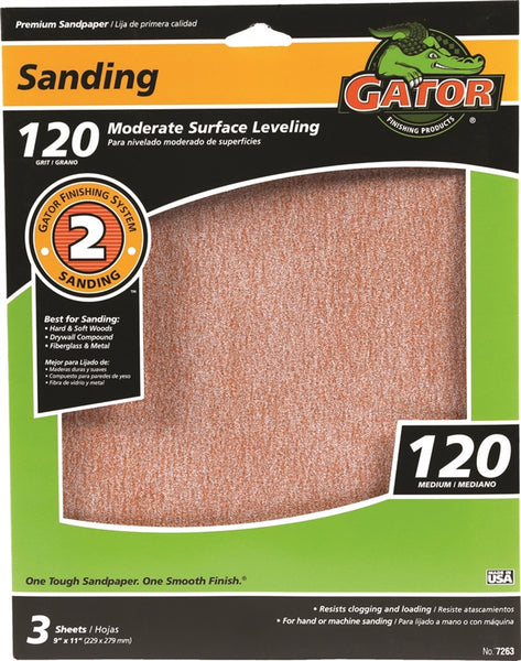 Gator 7263 Sanding Sheet, 11 in L, 9 in W, 120 Grit, Fine, Aluminum Oxide Abrasive