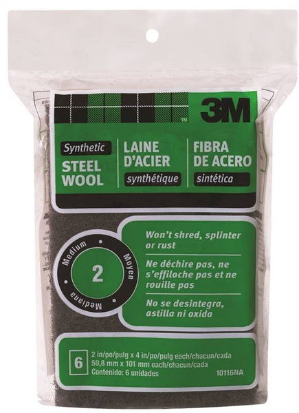 3M 10116 Steel Wool, 4 in L, 2 in W, #2 Grit, Medium, Black