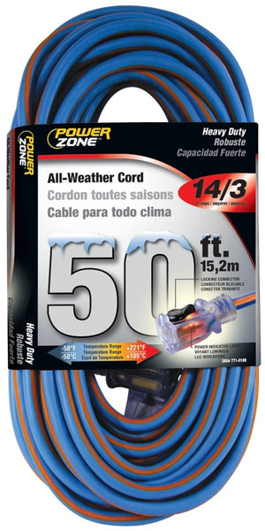 PowerZone Extension Cord, 14 AWG Cable, 5-15P Grounded Plug, 5-15R Grounded Receptacle, 25 ft L, 15 A, 125 V