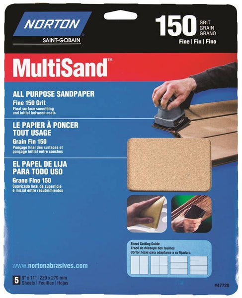 NORTON MultiSand 07660747720 Sanding Sheet, 11 in L, 9 in W, Fine, 150 Grit, Aluminum Oxide Abrasive