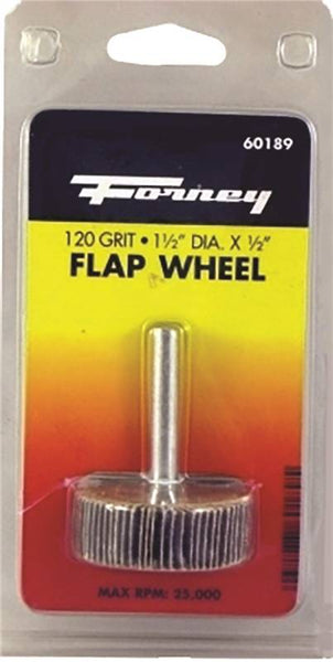 Forney 60189 Flap Wheel, 1-1/2 in Dia, 1/2 in Thick, 1/4 in Arbor, 120 Grit, Aluminum Oxide Abrasive