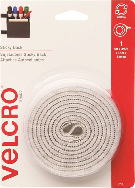 VELCRO Brand 90087 Fastener, 3/4 in W, 5 ft L, Nylon, White, 5 lb, Rubber Adhesive