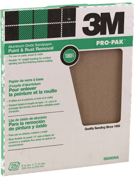 3M 88590 Sandpaper Sheet, 11 in L, 9 in W, Fine, 180 Grit, Aluminum Oxide Abrasive, Cloth Backing