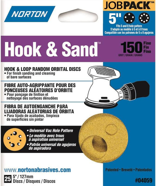 NORTON 04059 Sanding Disc, 5 in Dia, Coated, P150 Grit, Fine, Aluminum Oxide Abrasive, Paper Backing