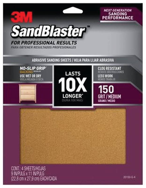 3M SandBlaster Series 20150-G-4 Sandpaper, 11 in L, 9 in W, 150 Grit, Medium, Aluminum Oxide Abrasive