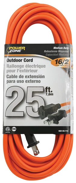 PowerZone OR481625 Outdoor Extension Cord, 16 AWG Wire, 25 ft L, Orange Sheath