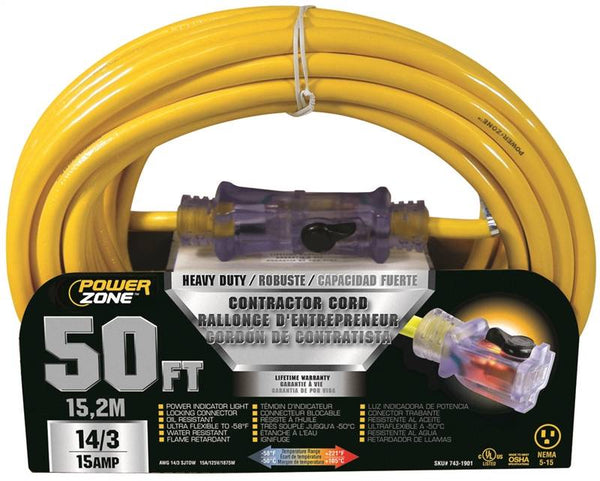 PowerZone Contractor Cord, 14 AWG Cable, 50 ft L, 15 A, 125 V, Yellow