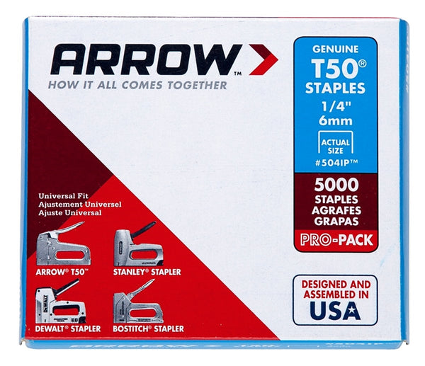 Arrow T50 Series 504IP Flat Crown Staple, 3/8 in W Crown, 1/4 in L Leg