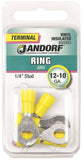 Jandorf 60993 Ring Terminal, 12 to 10 AWG Wire, 1/4 in Stud, Vinyl Insulation, Copper Contact, Yellow