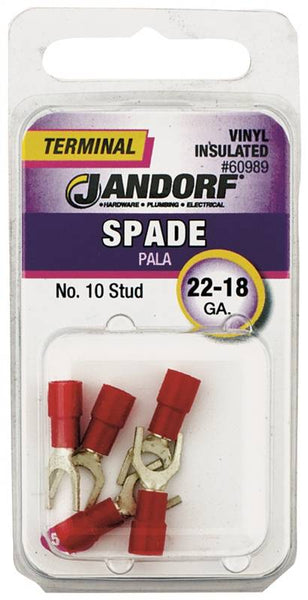 Jandorf 60989 Spade Terminal, 600 V, 22 to 18 AWG Wire, #10 Stud, Vinyl Insulation, Copper Contact, Red